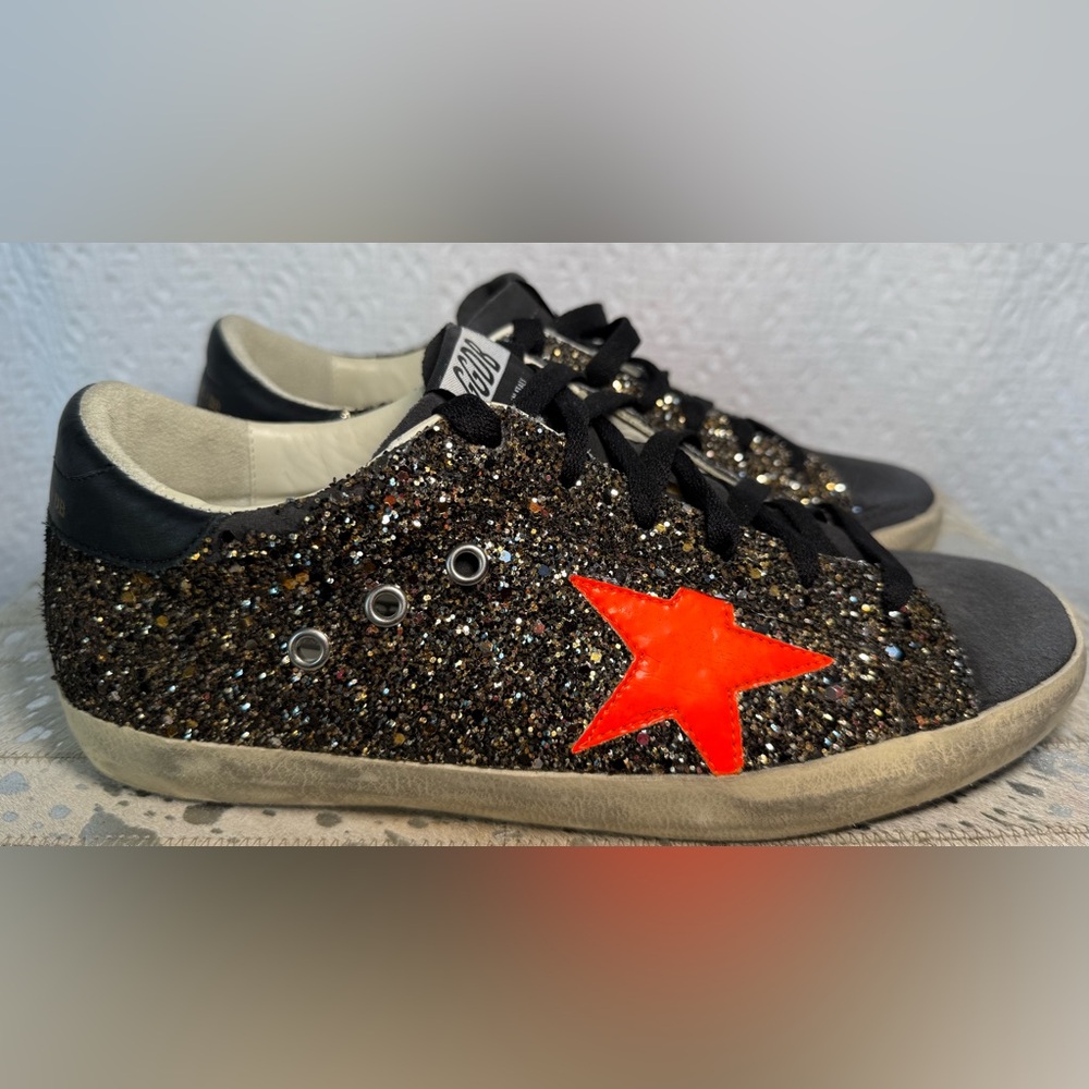 Golden Goose Superstar Black Gold Glitter Orange Star Sneakers 40 9-9.5